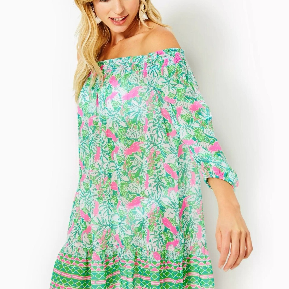 Lilly Pulitzer Maribeth Cover-Up Off The Shoulder Semi Sheer Dress Size Small